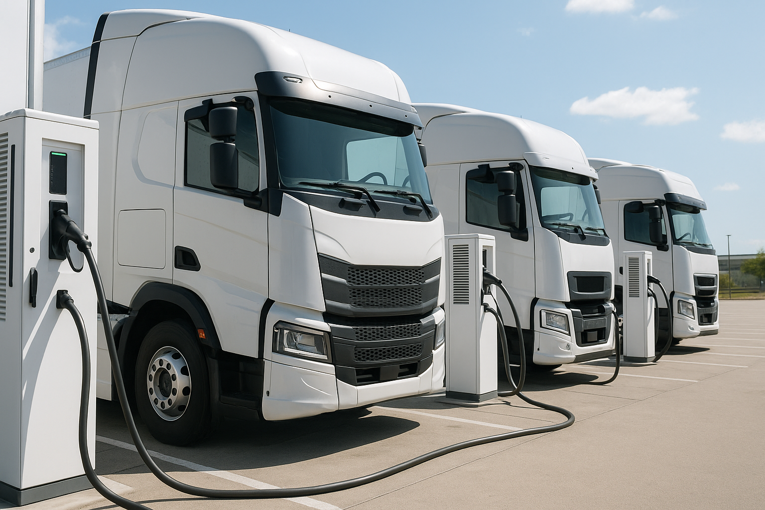 Flota de camiones eléctricos blancos conectados a estaciones de carga rápida en aparcamiento industrial, simbolizando logística sostenible y electrificación del transporte.