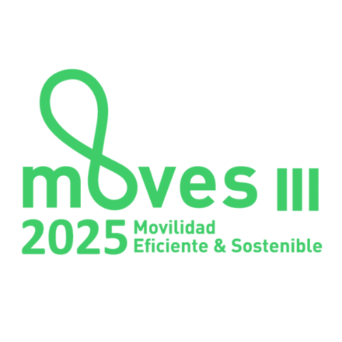 Logotipo oficial del programa MOVES III 2025 en color verde, con el lema Movilidad Eficiente y Sostenible sobre fondo transparente.