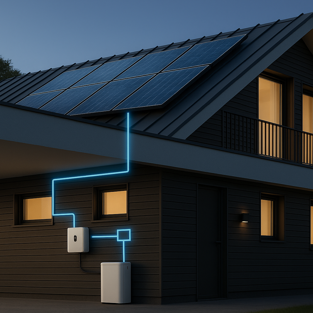 Casa moderna con paneles solares en el techo, sistema de almacenamiento de energía y conexión eléctrica iluminada, representando una solución completa de autoconsumo fotovoltaico.