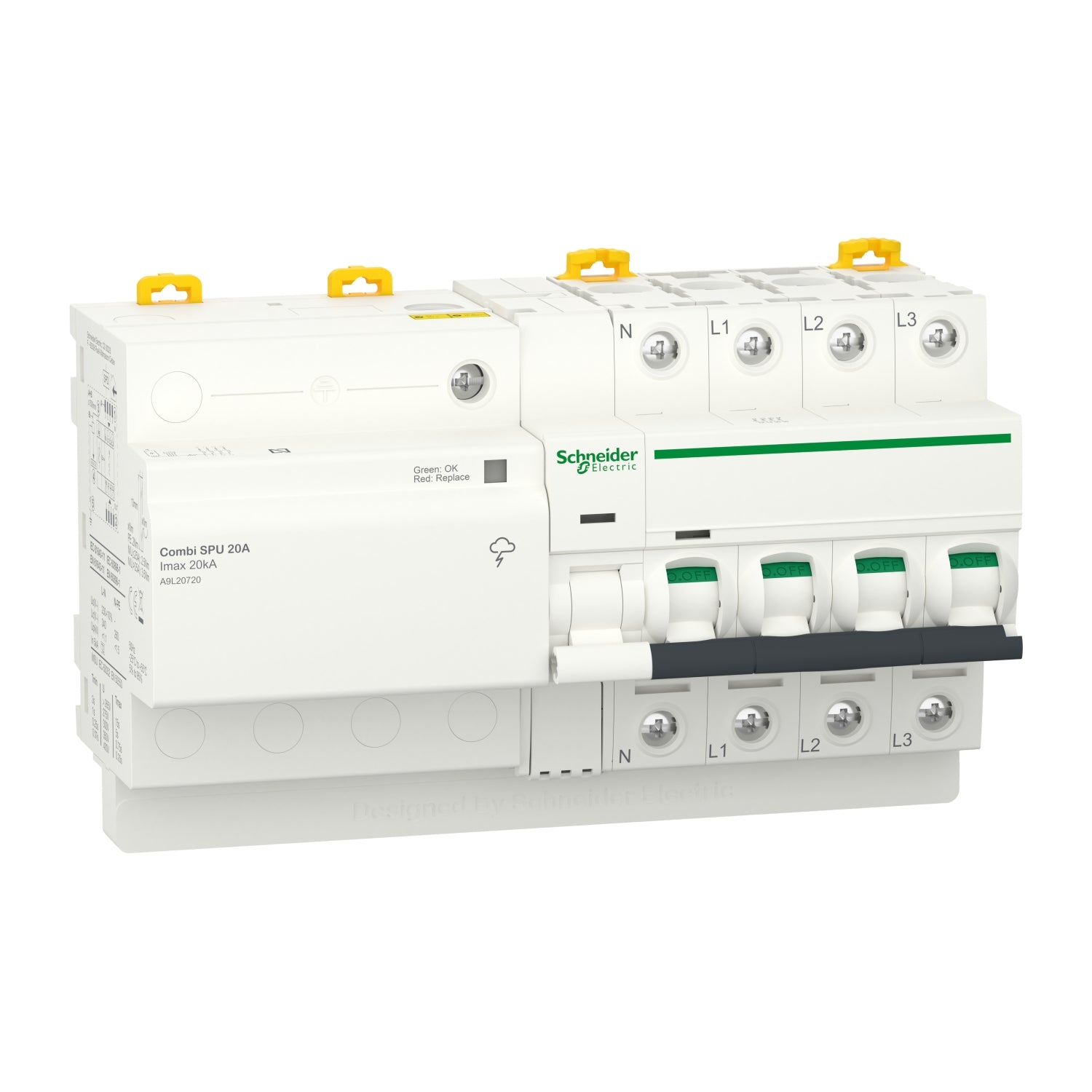 Acti9 Combi SPU, interruptor automático con protección combinada contra sobretensiones, 3P+N, 20A