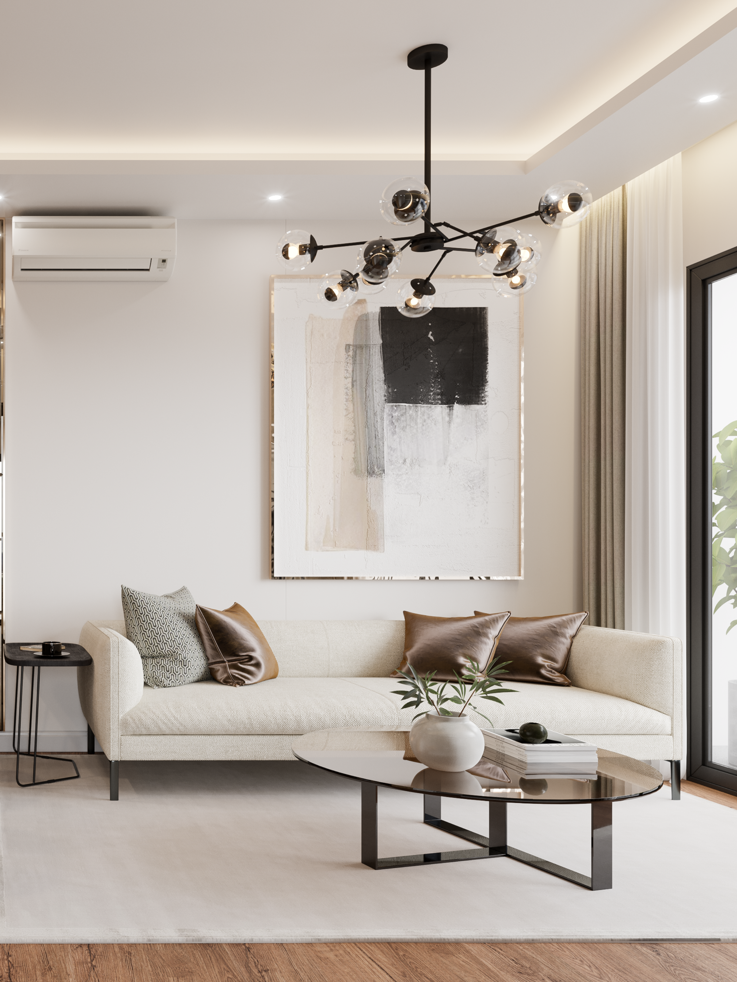 Sala de estar minimalista con sofá beige, cojines decorativos, lámpara colgante moderna de estructura negra, mesa de centro con superficie de vidrio y cuadro abstracto en tonos neutros.